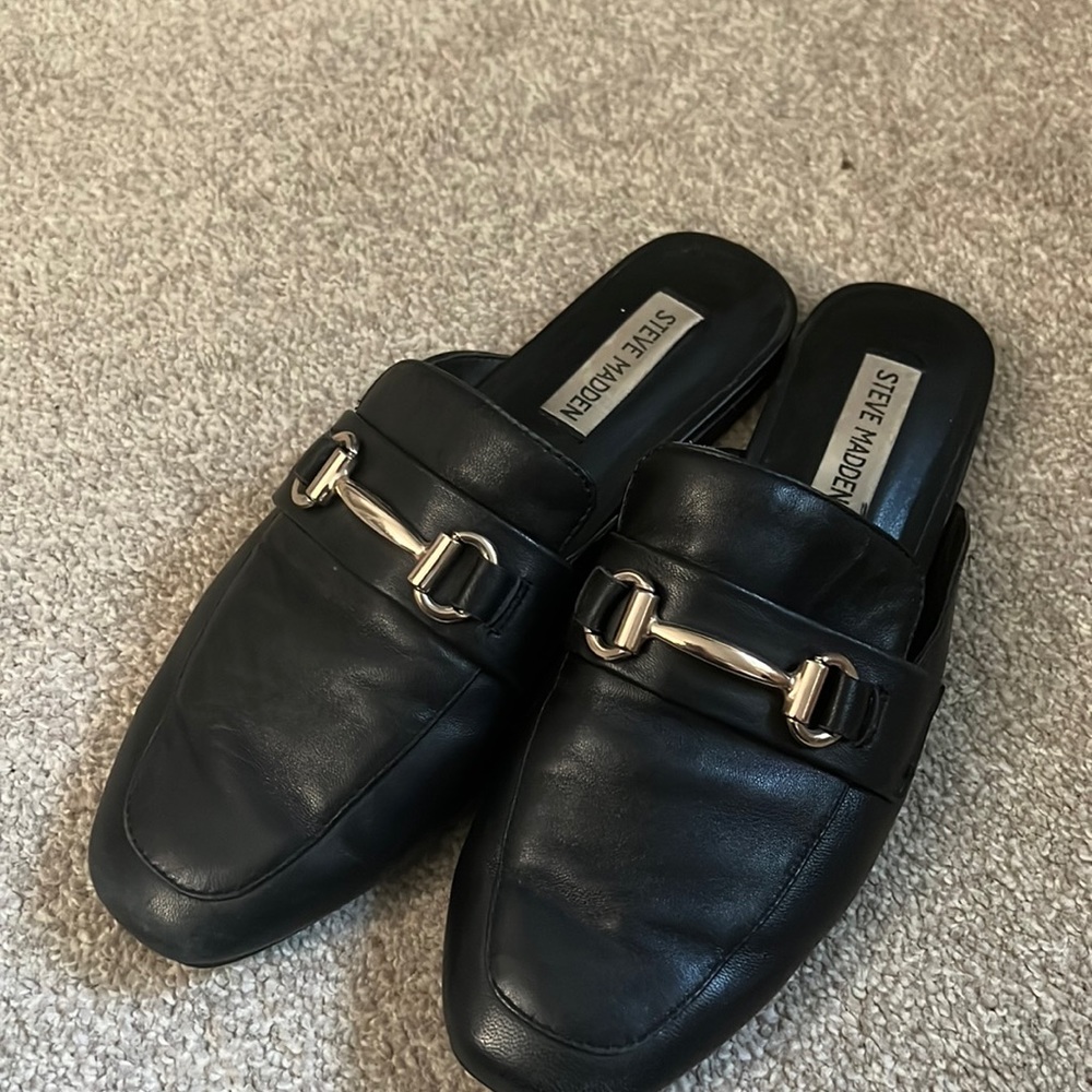 Black Open Back Loafers With Gold Buckles